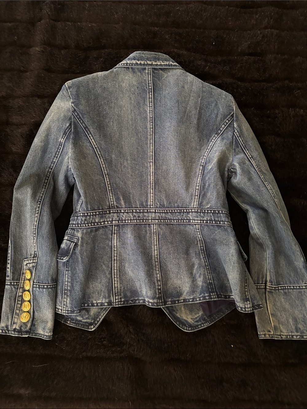 Double-Breasted Distressed Denim Blazer with Gold Buttons - Picture 3 of 3